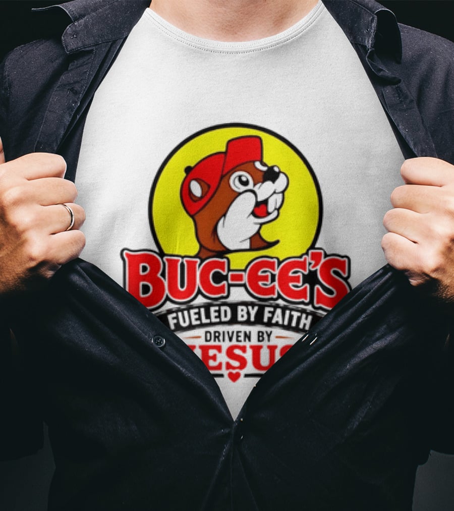 Buc Ee's Fueled By Faith Driven By Jesus Yellow Circle Red Cap T-Shirt