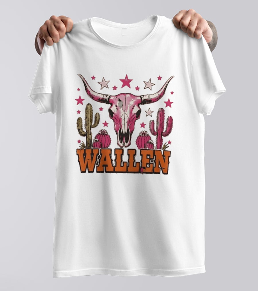 Wallen Pink Cow Skull Cactus Stars T-Shirt