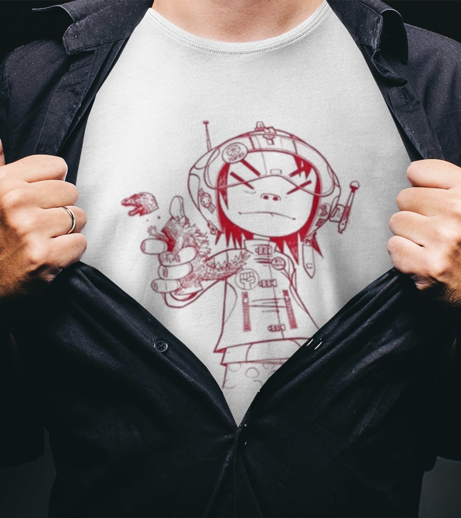 Gorillaz Noodle Line Drawing Red Sketch T-Shirt
