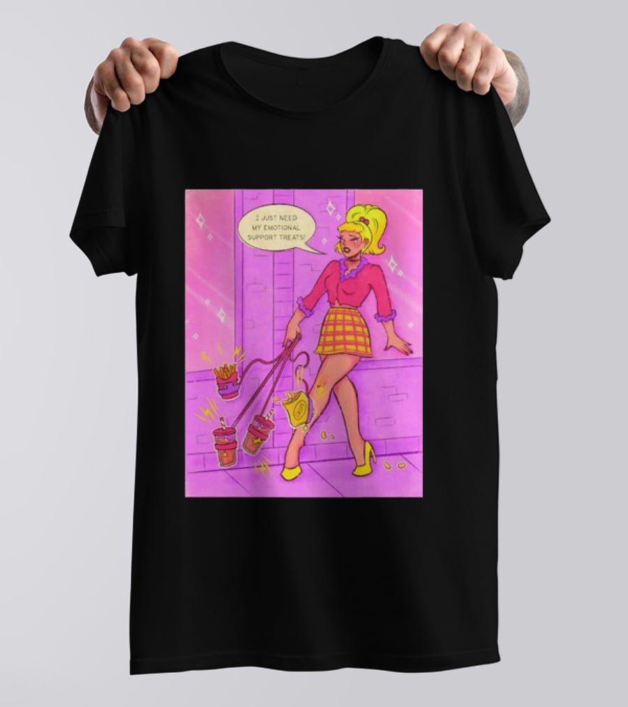 I Just Need My Emotional Support Treats Comic Style Girl With Drinks And Fries T-Shirt