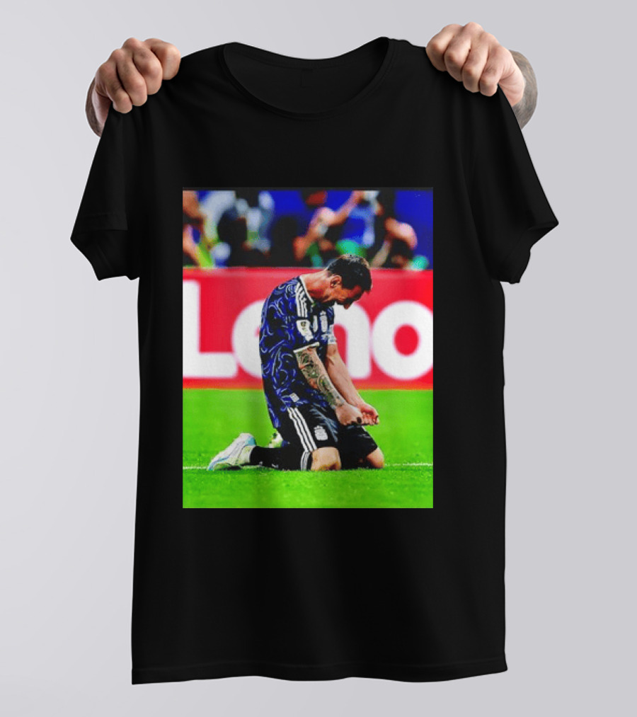 Argentina Football Icon Lionel Messi Kneels In Triumph National Team Victory T-Shirt