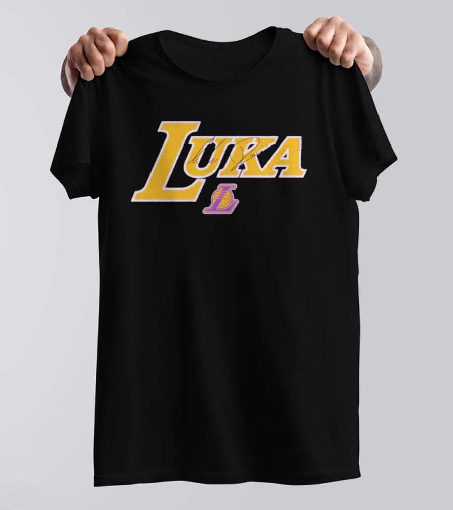 Luka Doncic Autograph Lakers Font Style With Los Angeles Basketball T-Shirt
