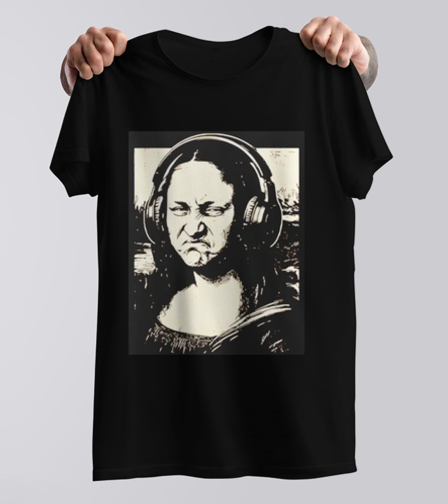 Mona Lisa Headphones Grumpy Expression Fusion T-Shirt