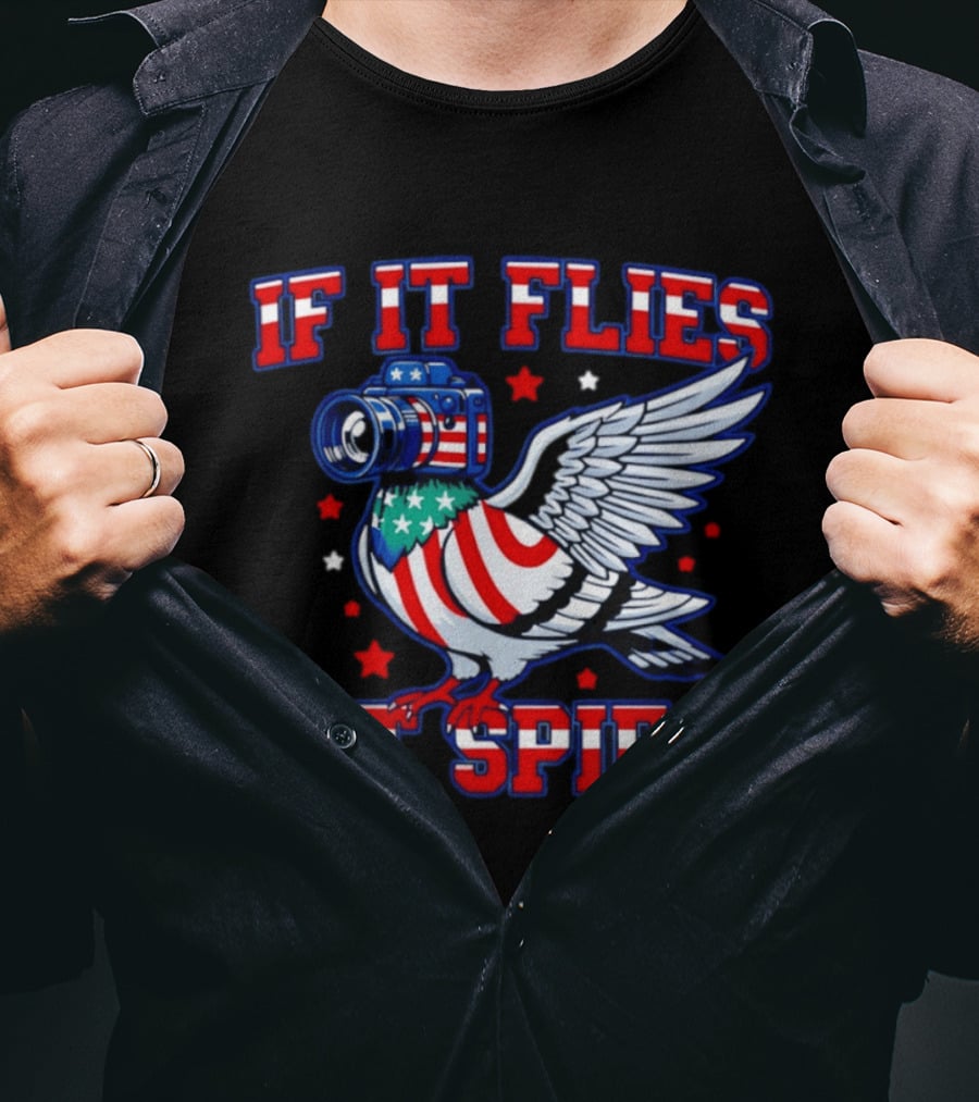 If It Flies It Spies Pigeon Camera American Flag T-Shirt