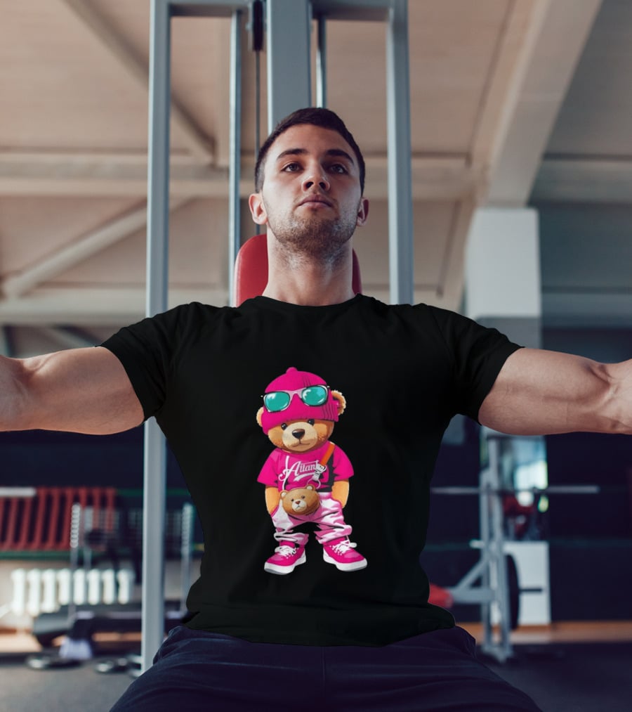 Ailan Teddy Bear Stylish Streetwear Outfit Pink Beanie Sunglasses And Bear Bag T-Shirt
