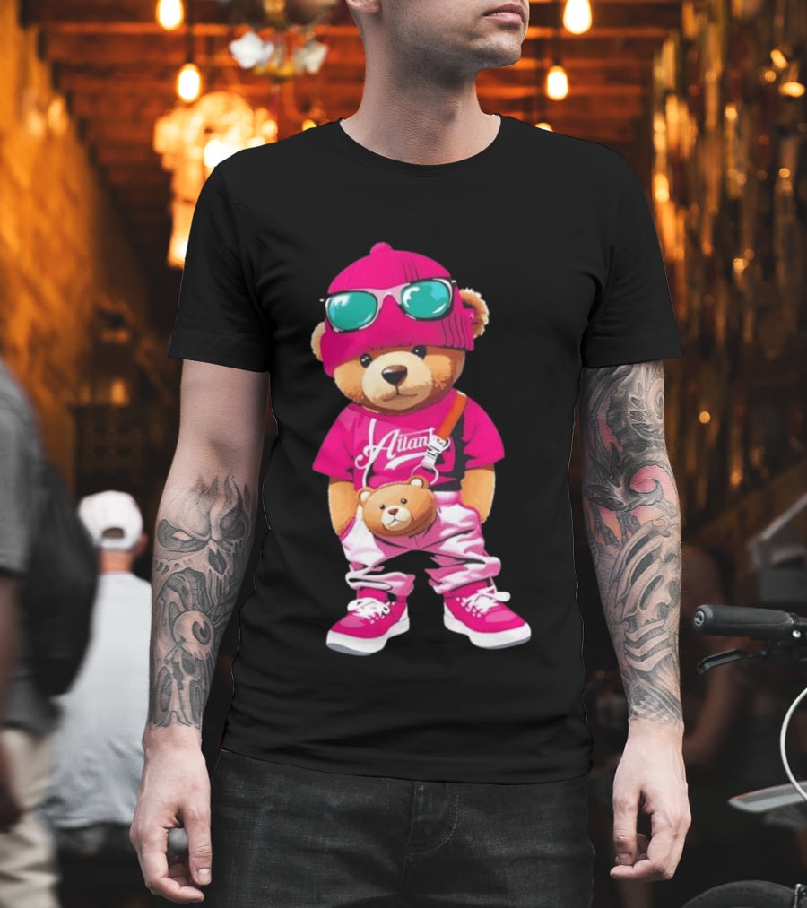 Ailan Teddy Bear Stylish Streetwear Outfit Pink Beanie Sunglasses And Bear Bag T-Shirt