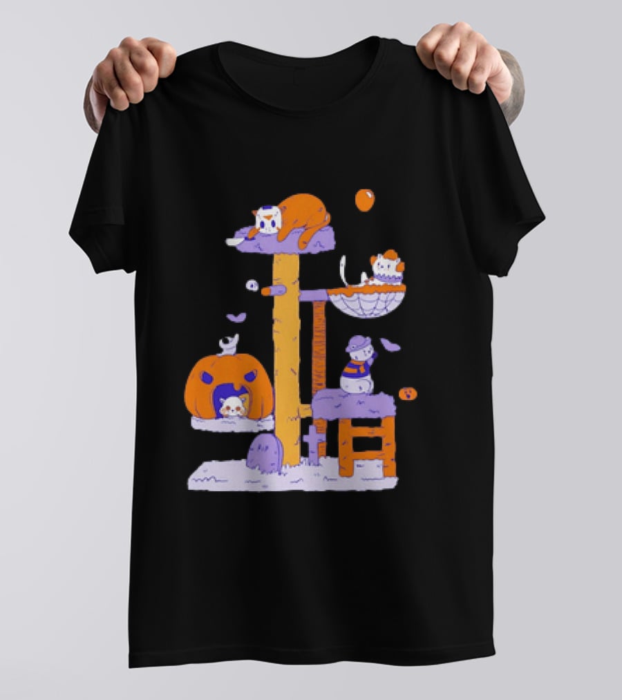 Cat Horror Pumpkin Tree Halloween Cats T-Shirt