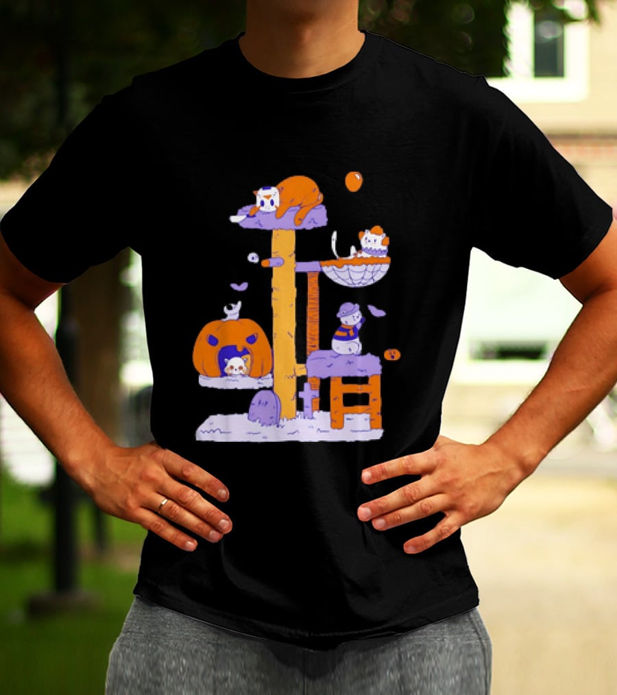 Cat Horror Pumpkin Tree Halloween Cats T-Shirt