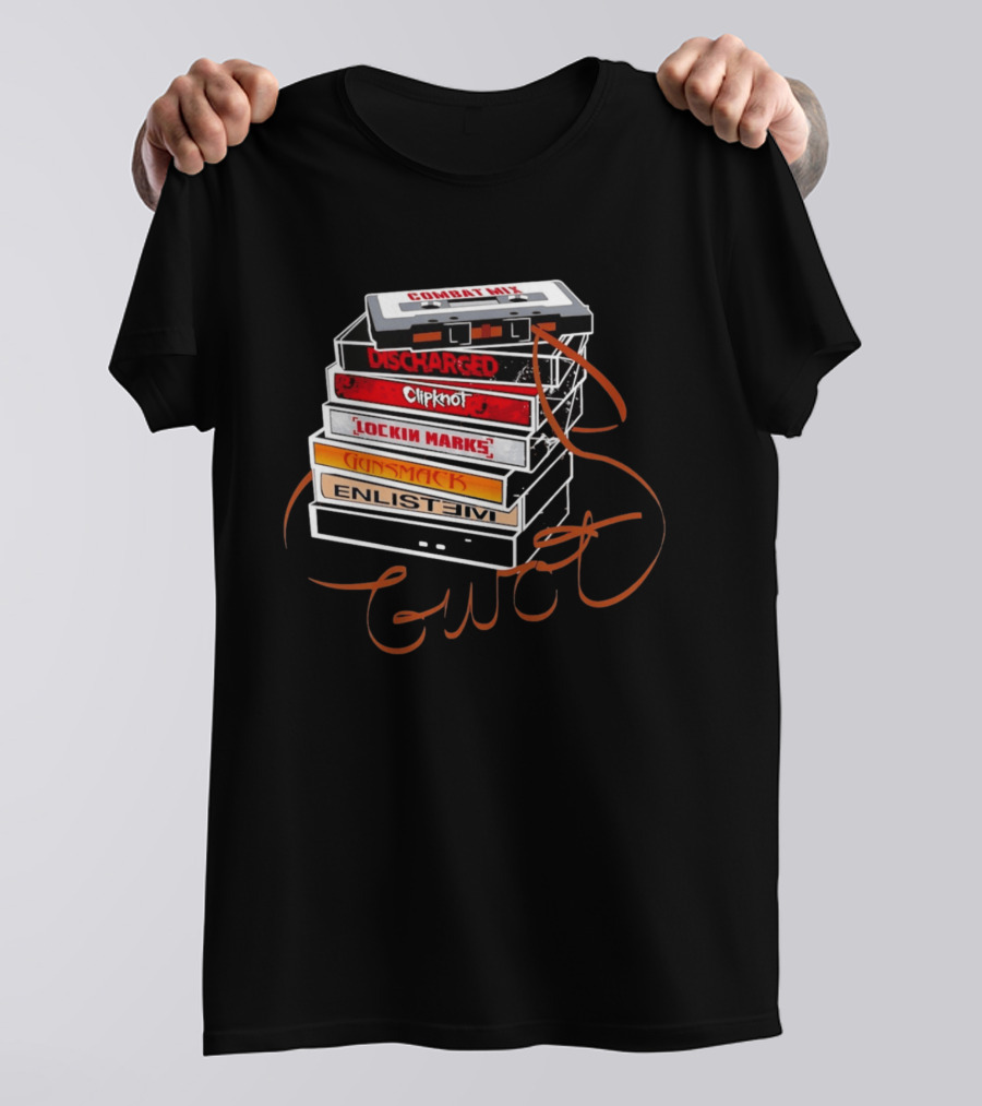 Combat Mix Discharged Clipknot Lockin Marks Gunsmack Enlist GWOT 3 Tours Down Music Cassette Stack T-Shirt