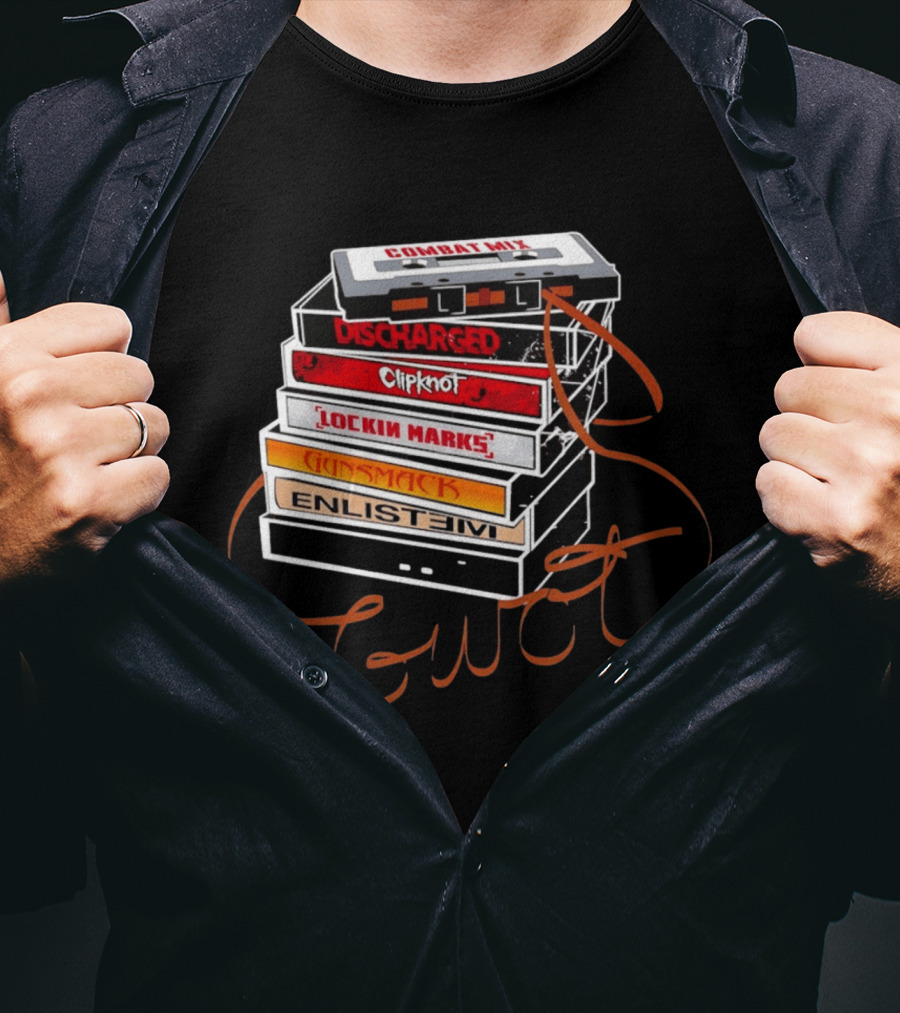 Combat Mix Discharged Clipknot Lockin Marks Gunsmack Enlist GWOT 3 Tours Down Music Cassette Stack T-Shirt
