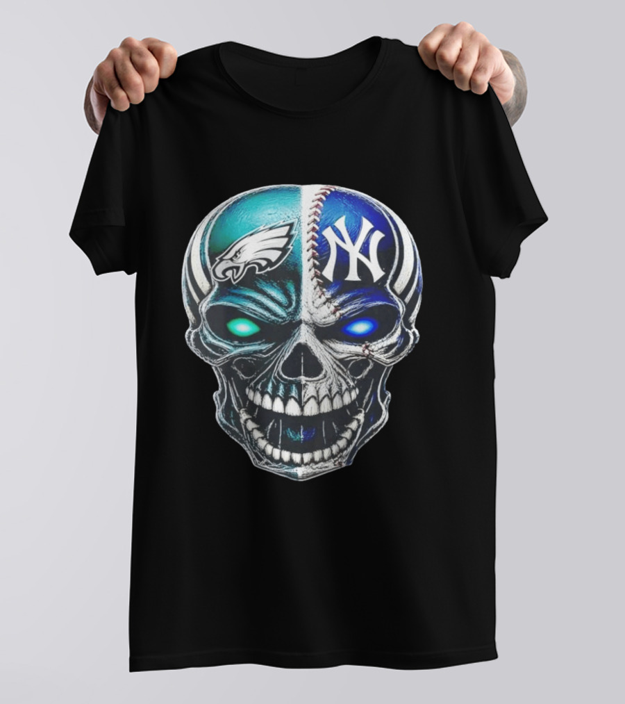 Philadelphia Eagles New York Yankees Skull Glow Eyes T-Shirt