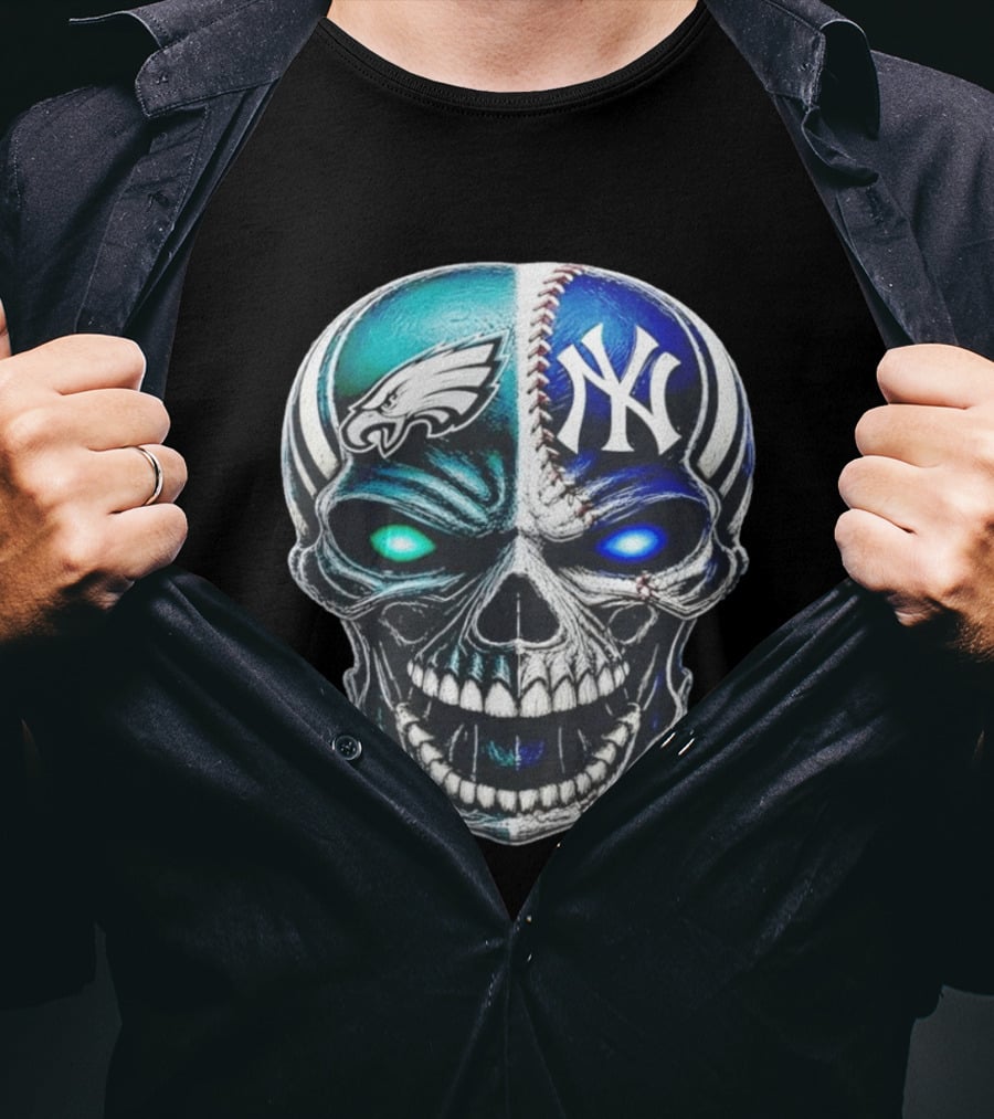 Philadelphia Eagles New York Yankees Skull Glow Eyes T-Shirt