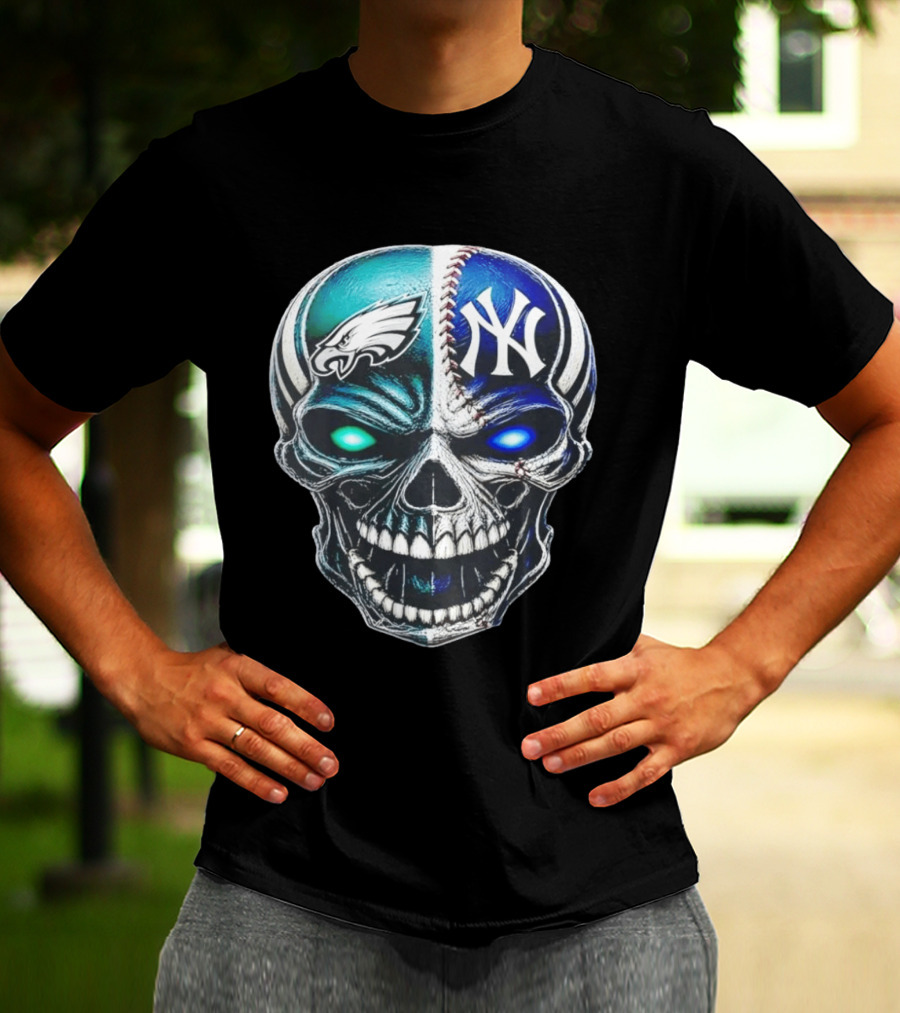 Philadelphia Eagles New York Yankees Skull Glow Eyes T-Shirt