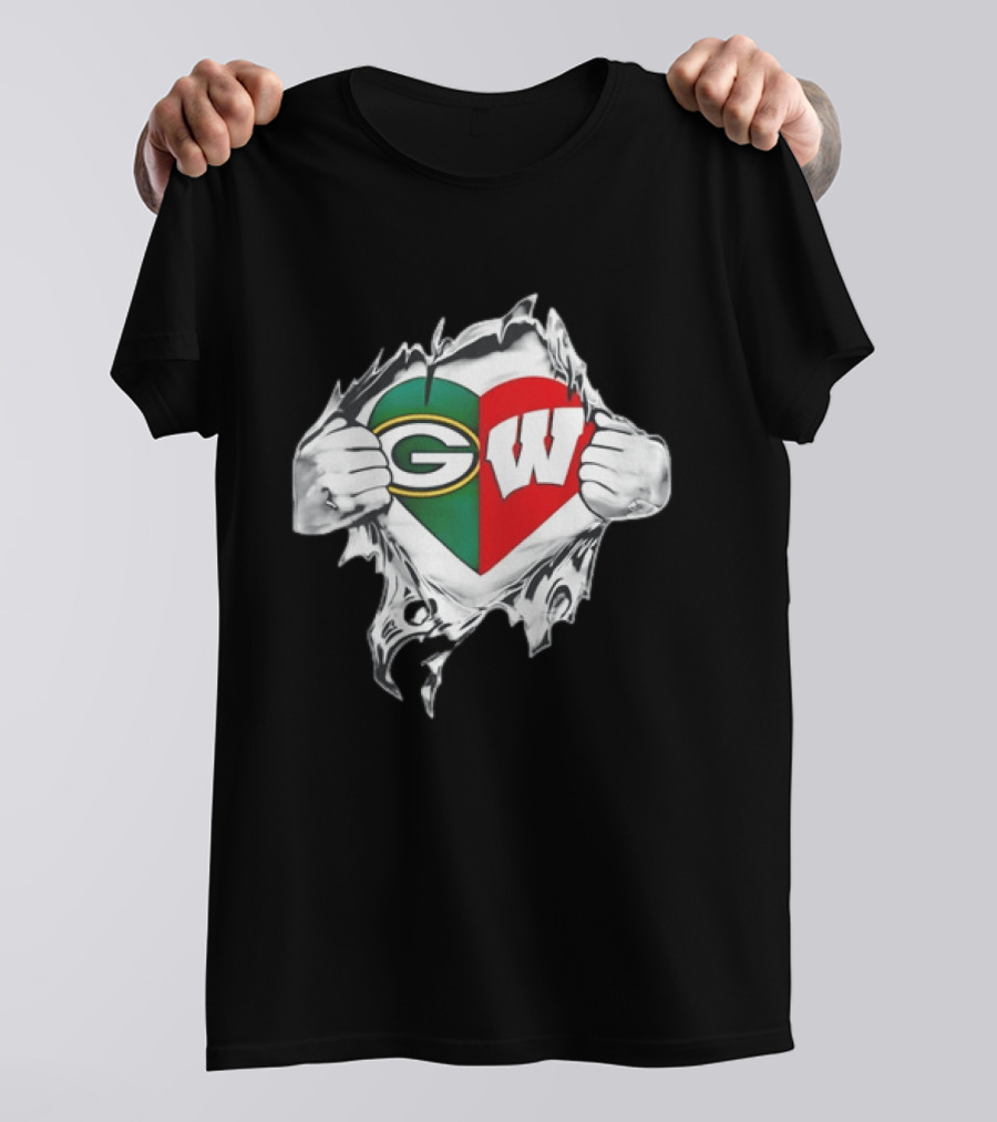 Green Bay Packers Wisconsin Badgers Torn Chest Reveal Heart T-Shirt