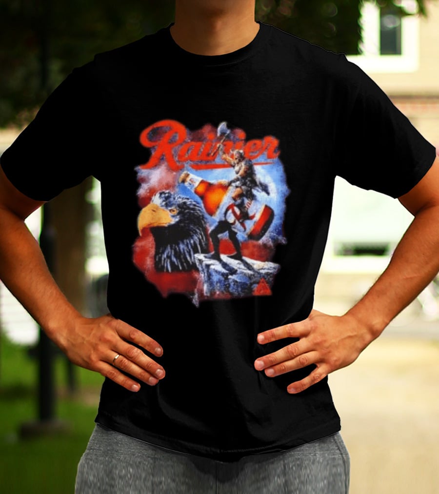 Rainier Beer Viking Holding Beer Riding Eagle On Rock T-Shirt