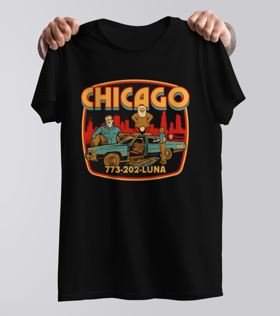 Chicago 773 202 Luna Sybaris Retro Car And Eagle Scene T-Shirt