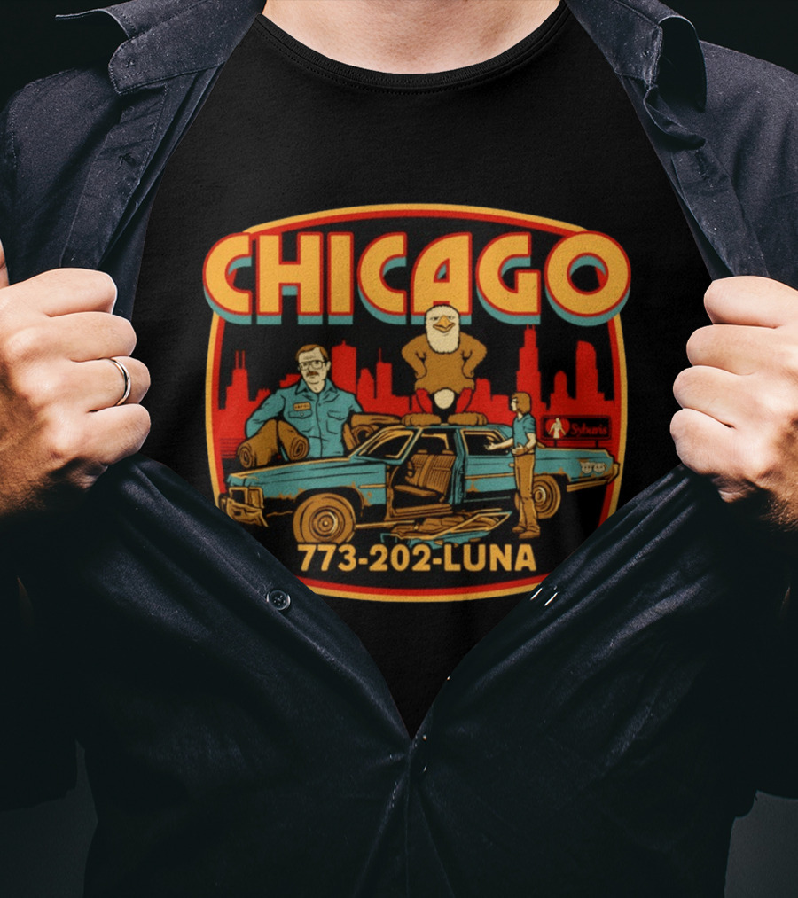 Chicago 773 202 Luna Sybaris Retro Car And Eagle Scene T-Shirt