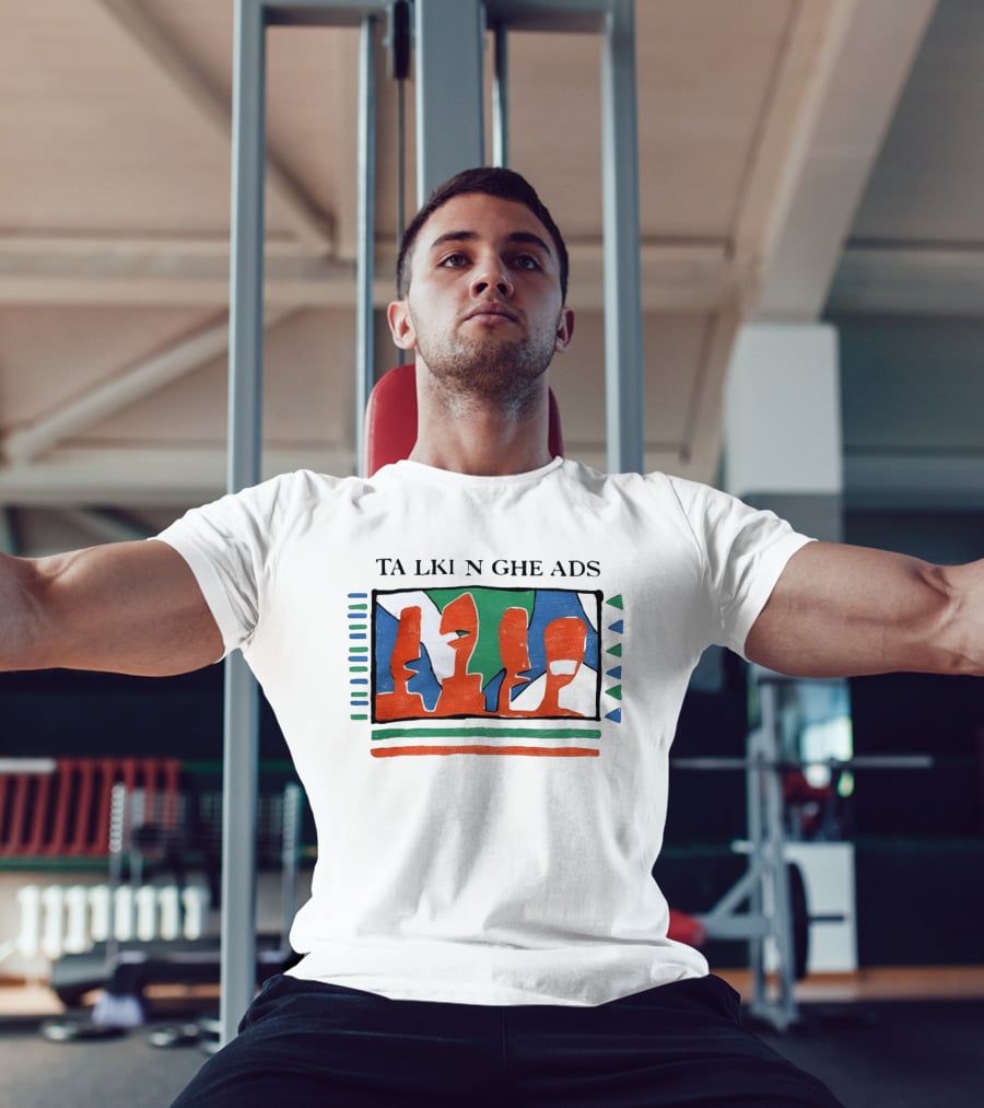 TA LKI N GHE ADS Bold Abstract Faces With Blue Green Accents T-Shirt