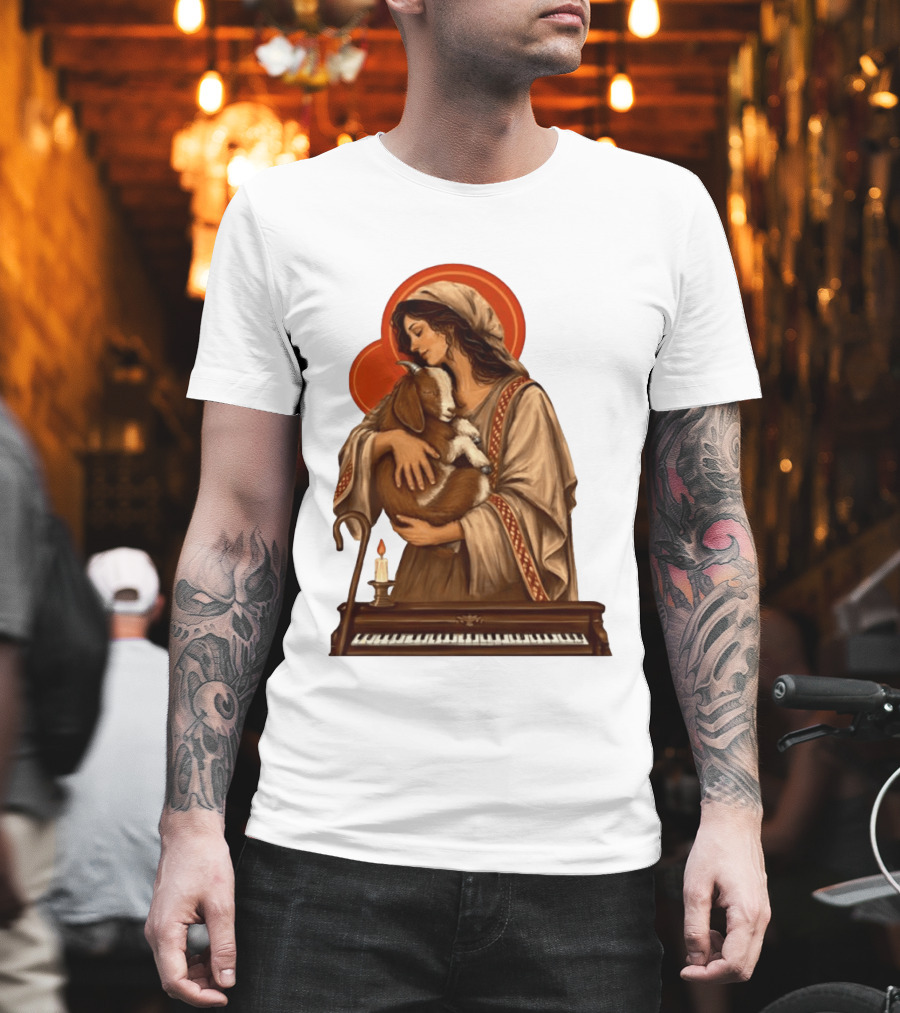 Woman Embracing Goat With Candle And Piano Halo T-Shirt