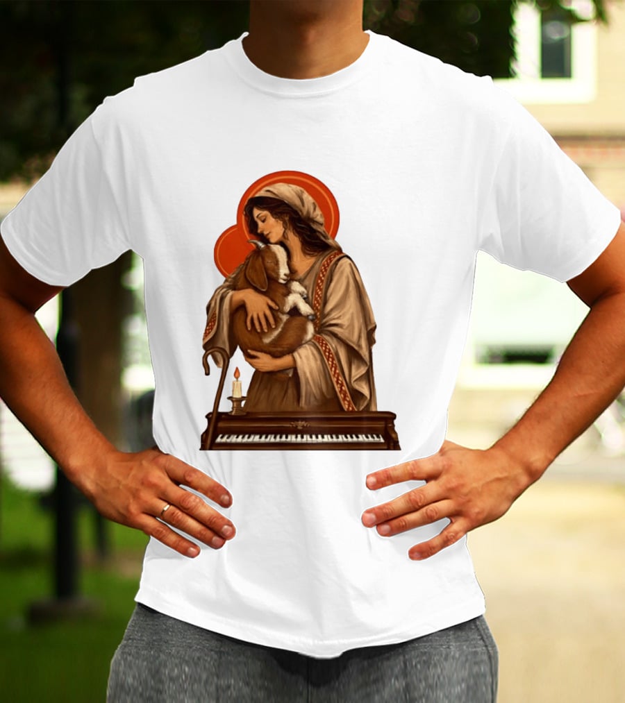 Woman Embracing Goat With Candle And Piano Halo T-Shirt