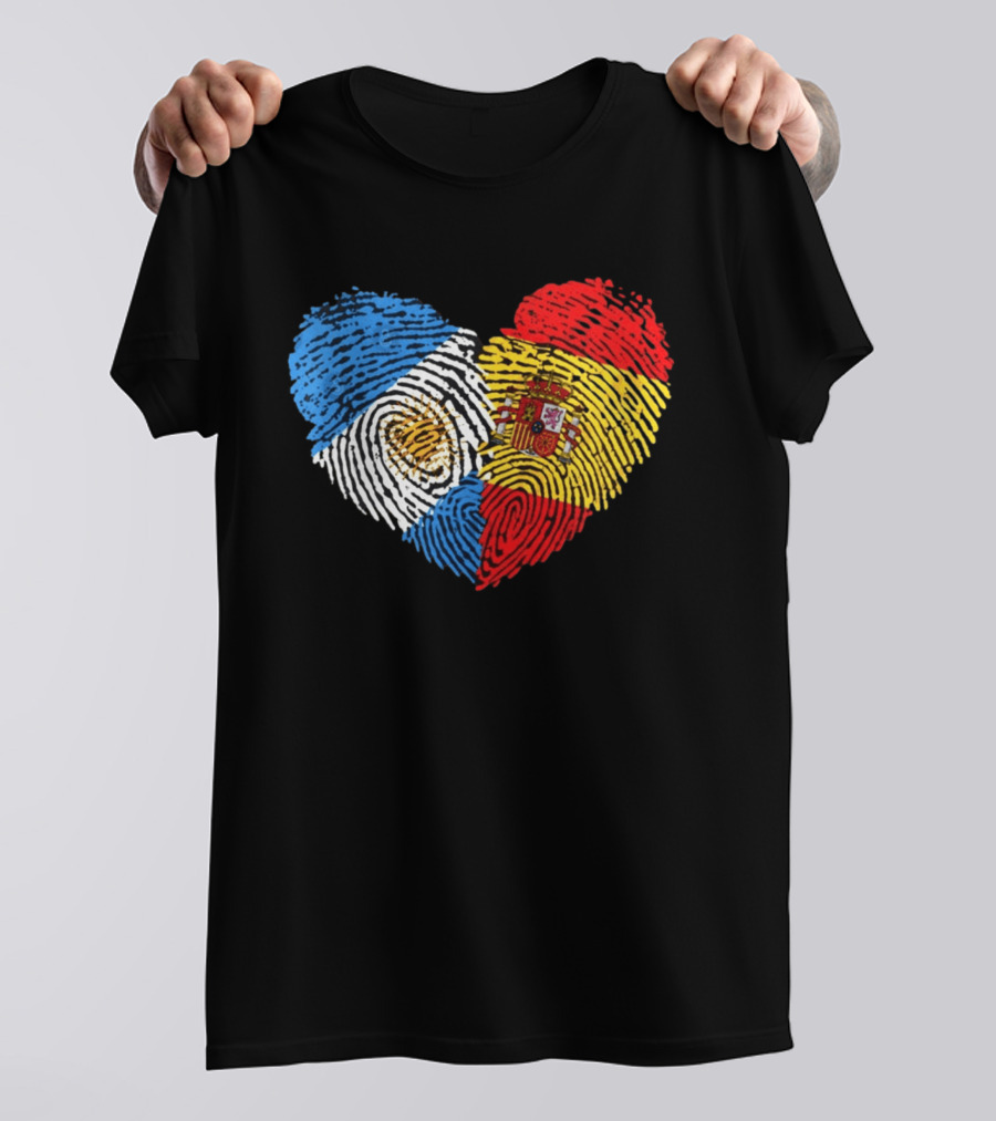 Half Spain Half Argentine Heart Fingerprints Flags Spain Argentina T-Shirt