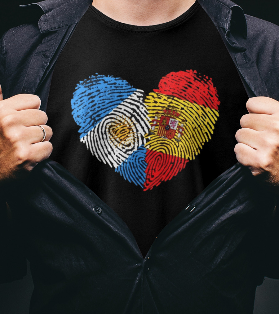 Half Spain Half Argentine Heart Fingerprints Flags Spain Argentina T-Shirt
