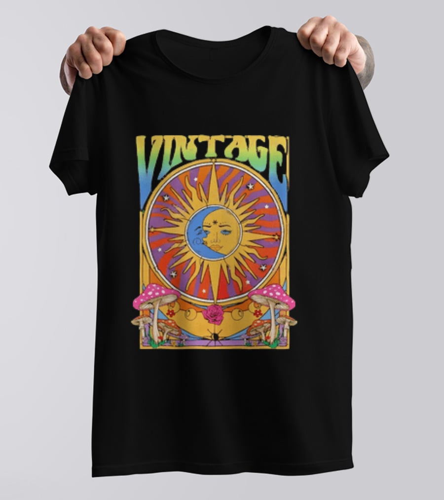 Vintage Sun Moon Celestial Psychedelic Mushrooms T-Shirt
