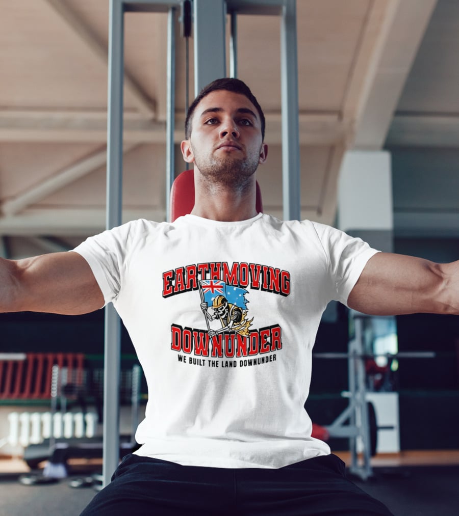Earthmoving Downunder We Built The Land Downunder Skeleton Worker With Flag T-Shirt