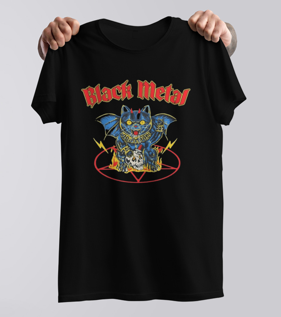 Black Metal Devil Cat Demon Wings Pentagram Fire Skull T-Shirt