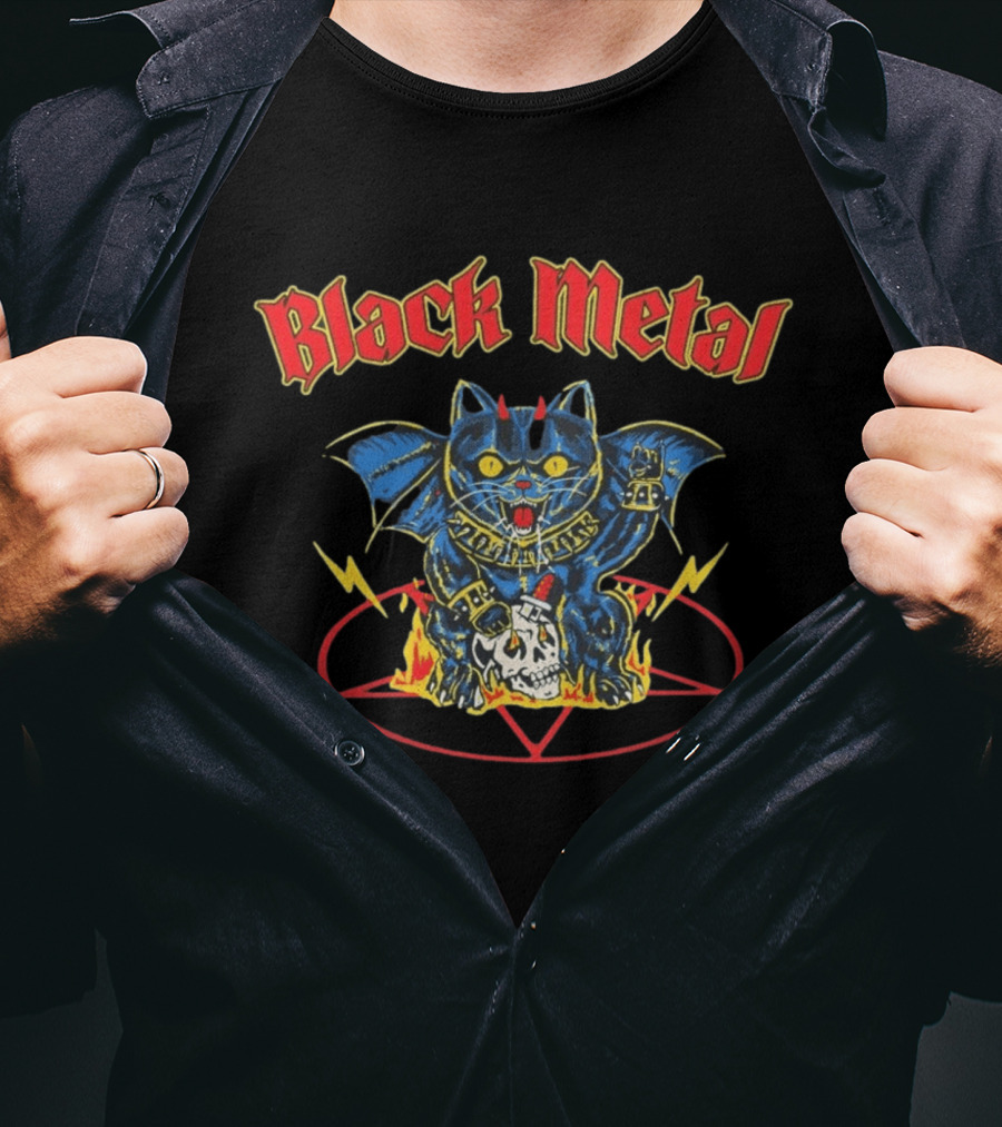 Black Metal Devil Cat Demon Wings Pentagram Fire Skull T-Shirt