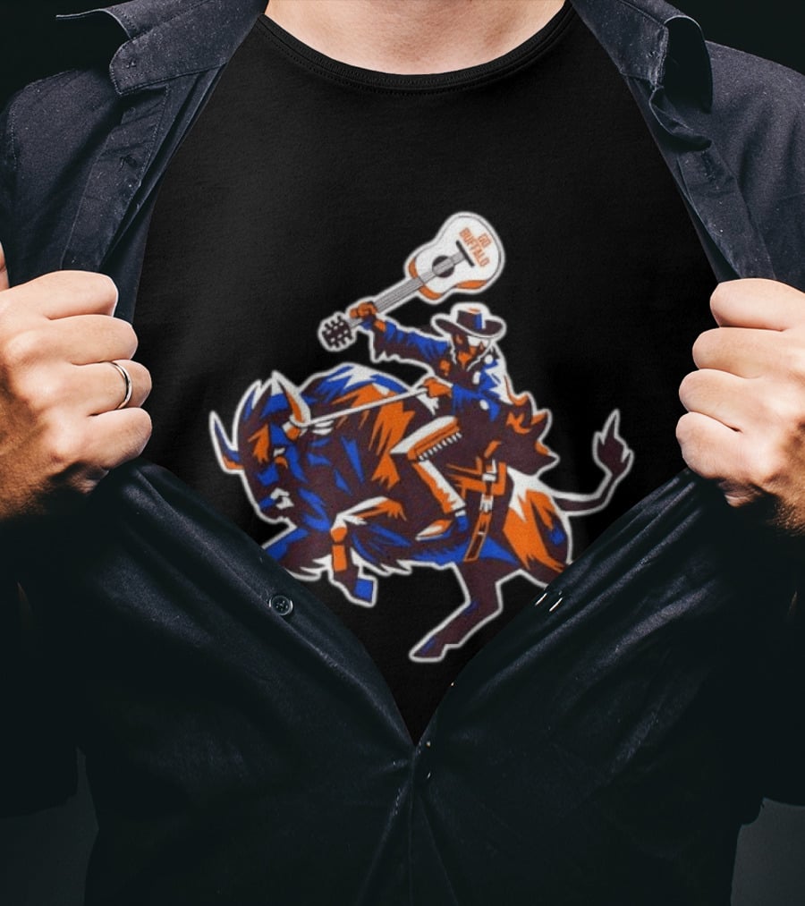 Lacrosse Go Buffalo Cowboy Riding Guitar Wielding Bull T-Shirt