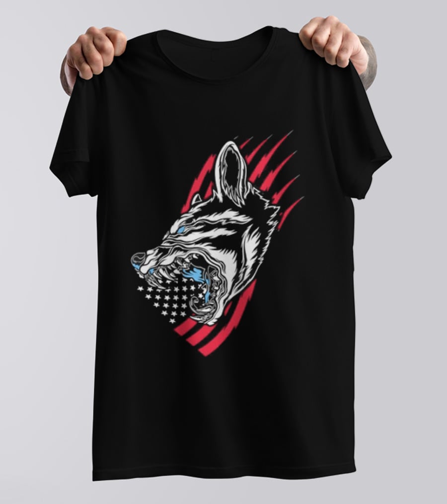 Wolf Snarling With Stars And Stripes American Flag T-Shirt