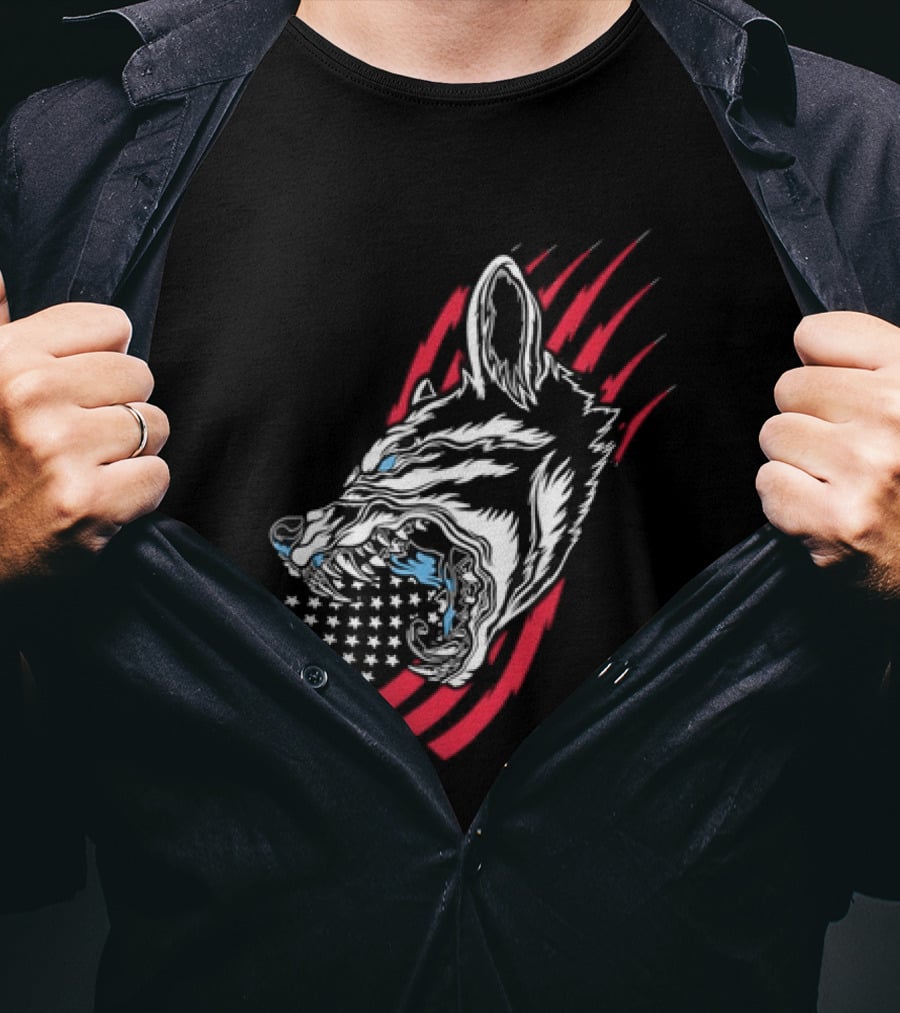 Wolf Snarling With Stars And Stripes American Flag T-Shirt