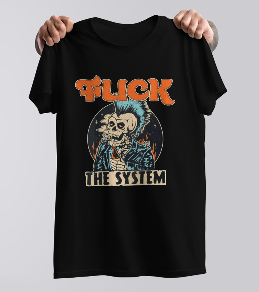 Fuck The System Punk Skeleton Smoking Beer Mohawk Jacket Spikes T-Shirt