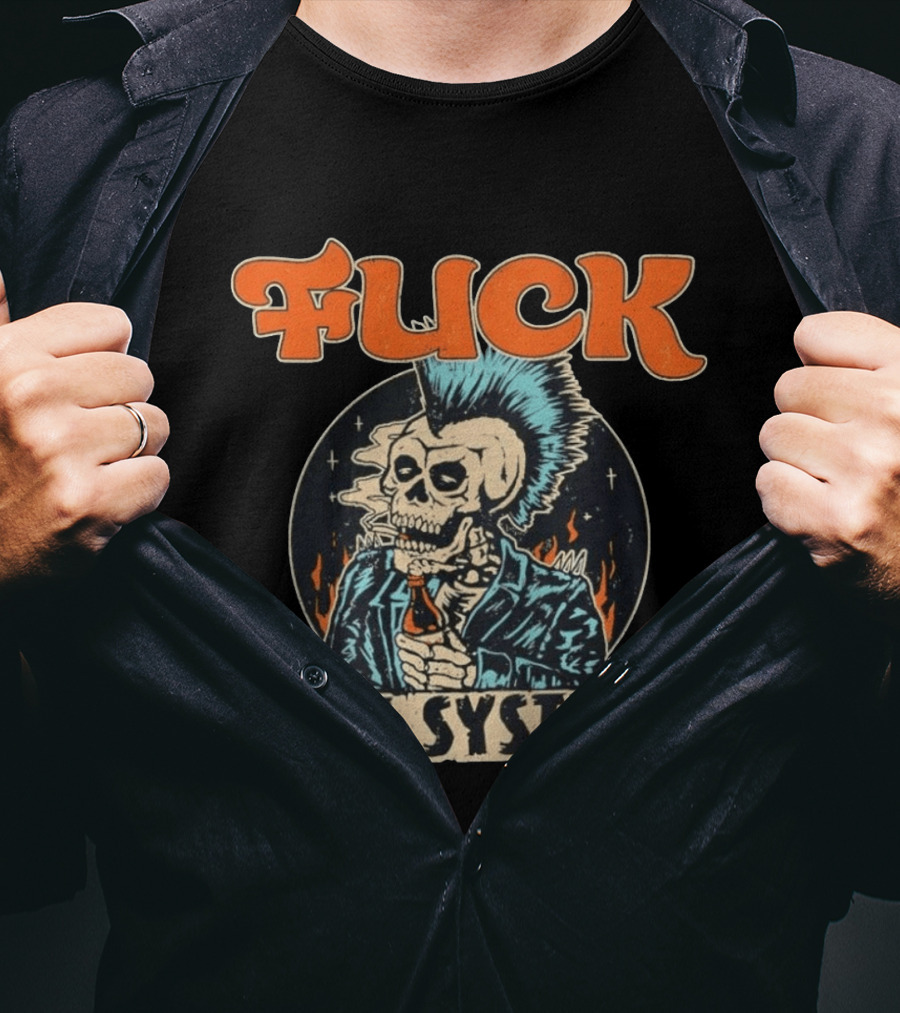 Fuck The System Punk Skeleton Smoking Beer Mohawk Jacket Spikes T-Shirt