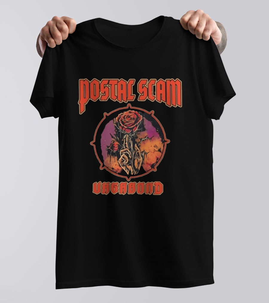 Postal Scam Vagabond Rose Skull Skeleton Hand Heavy Metal T-Shirt
