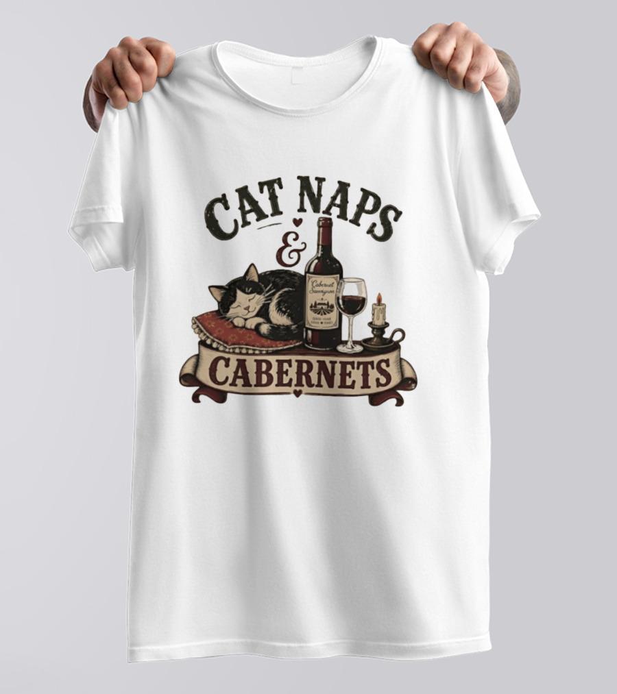 Cat Naps And Cabernet Sauvignon With Cozy Cat And Candle T-Shirt