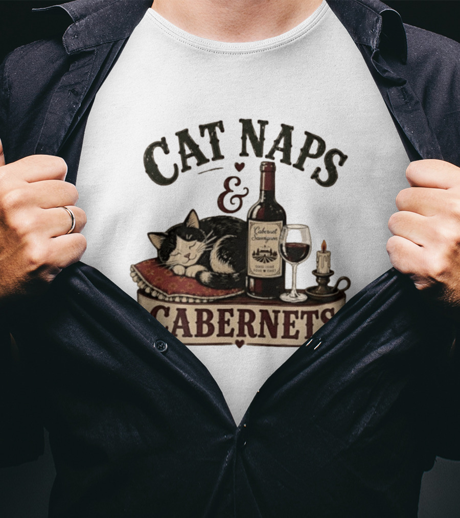Cat Naps And Cabernet Sauvignon With Cozy Cat And Candle T-Shirt