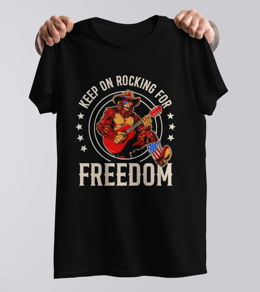 Keep On Rocking For Freedom Bigfoot Sasquatch American Flag Patriotic Guitar T-Shirt