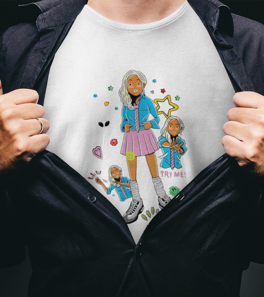 Anime School Girl Try Me Aesthetic Sticker Pastel Kawaii Vibe T-Shirt