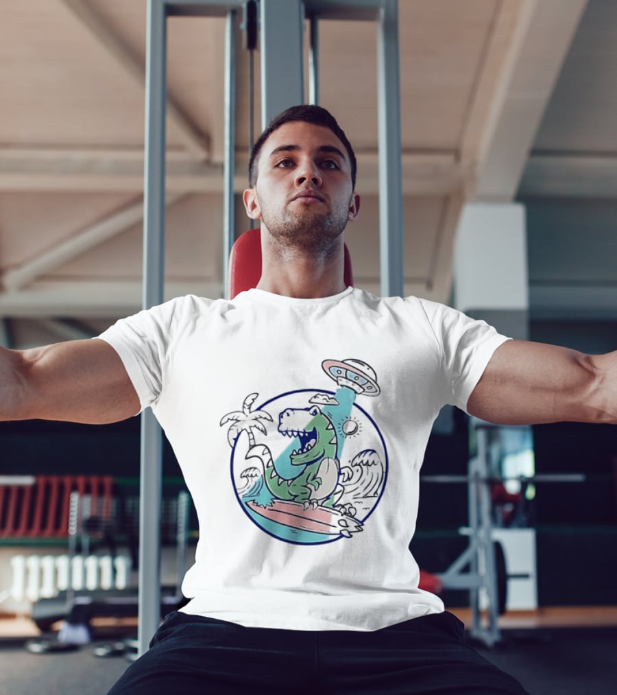 UFO Surfing Dinosaur With Palm Trees And Waves T-Shirt