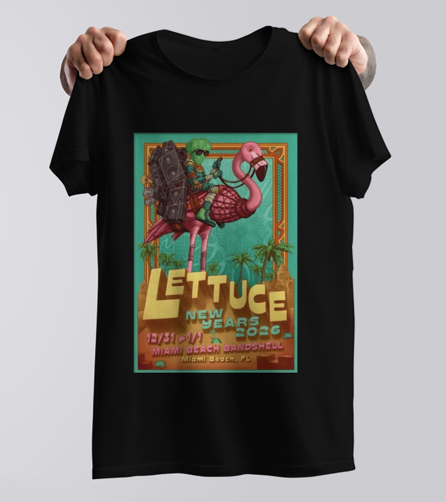 Lettuce New Years 2026 Miami Beach Bandshell Miami Beach FL With Sunglasses Flamingo And Speakers T-Shirt