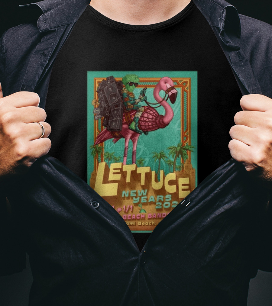 Lettuce New Years 2026 Miami Beach Bandshell Miami Beach FL With Sunglasses Flamingo And Speakers T-Shirt