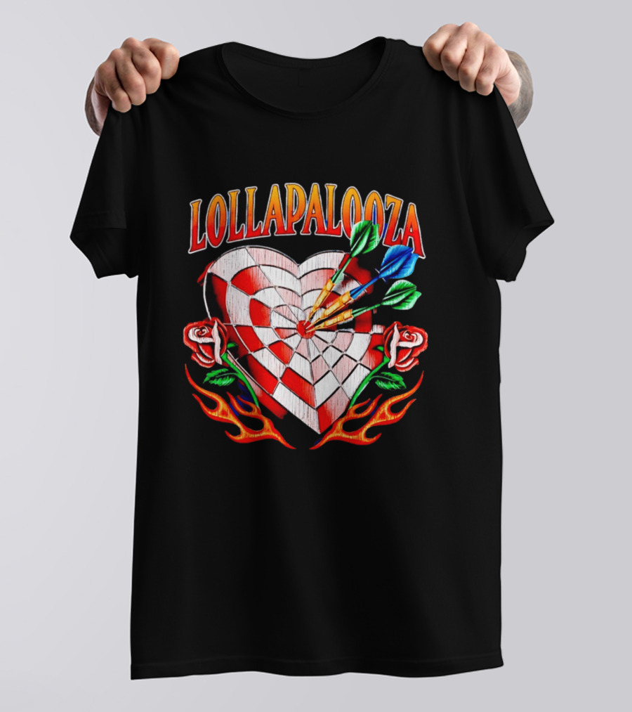 Lollapalooza Heart Dartboard With Roses And Flames T-Shirt
