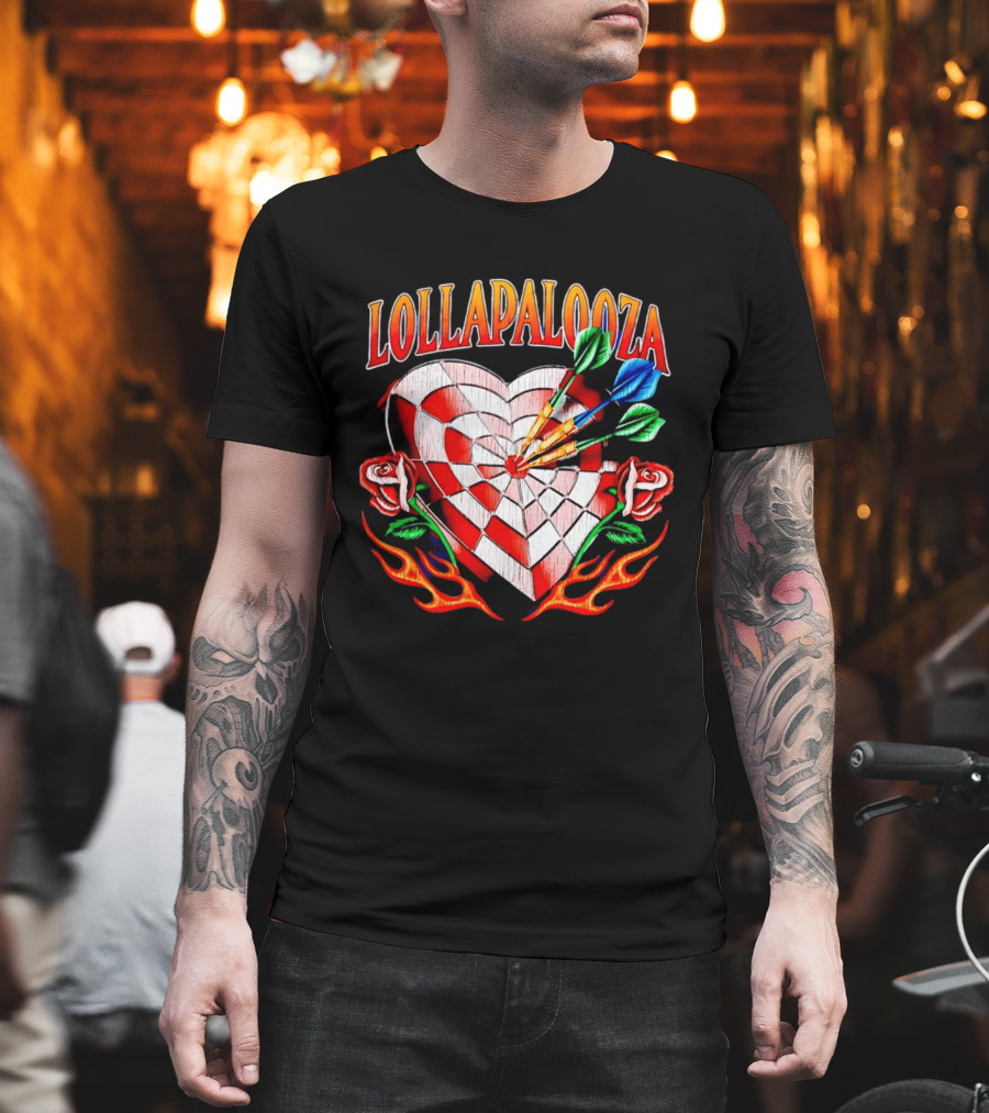 Lollapalooza Heart Dartboard With Roses And Flames T-Shirt