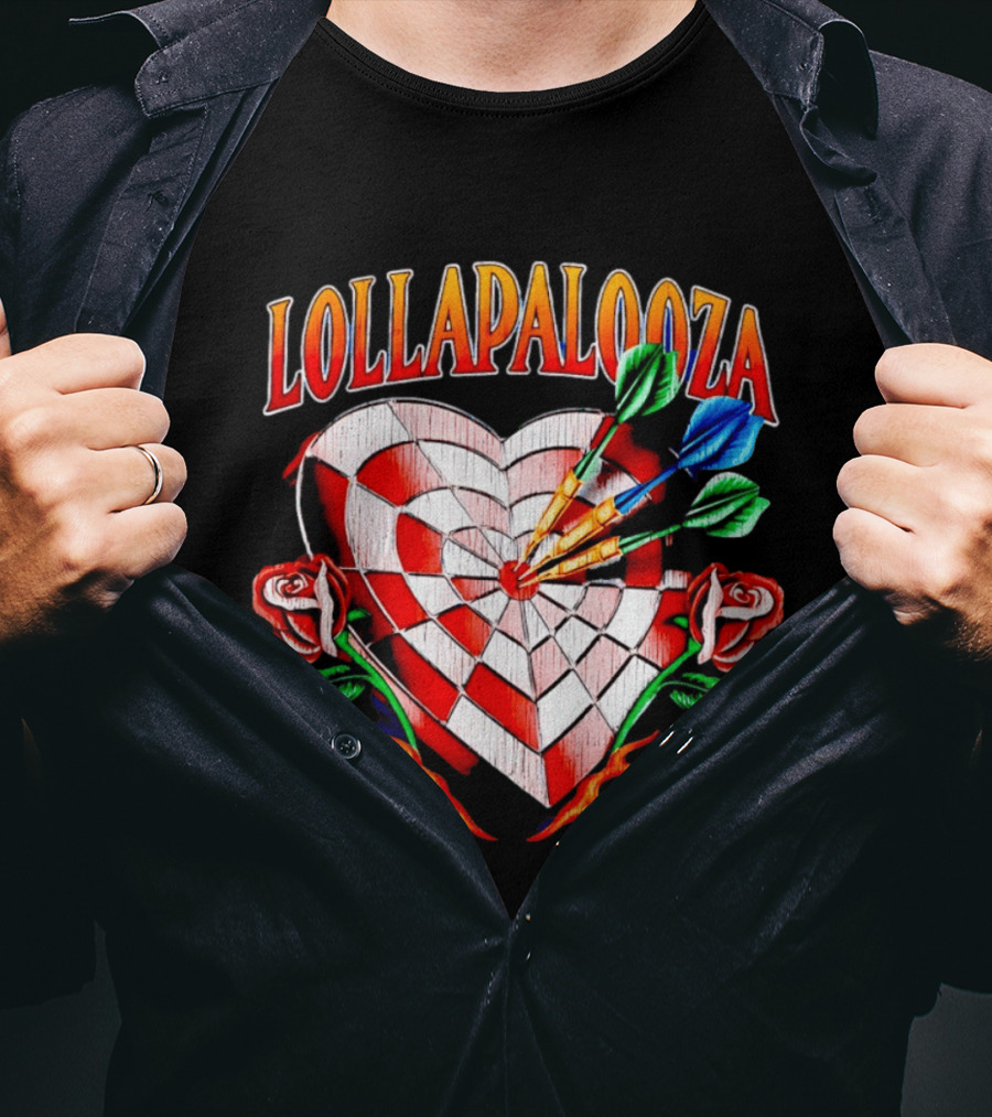Lollapalooza Heart Dartboard With Roses And Flames T-Shirt