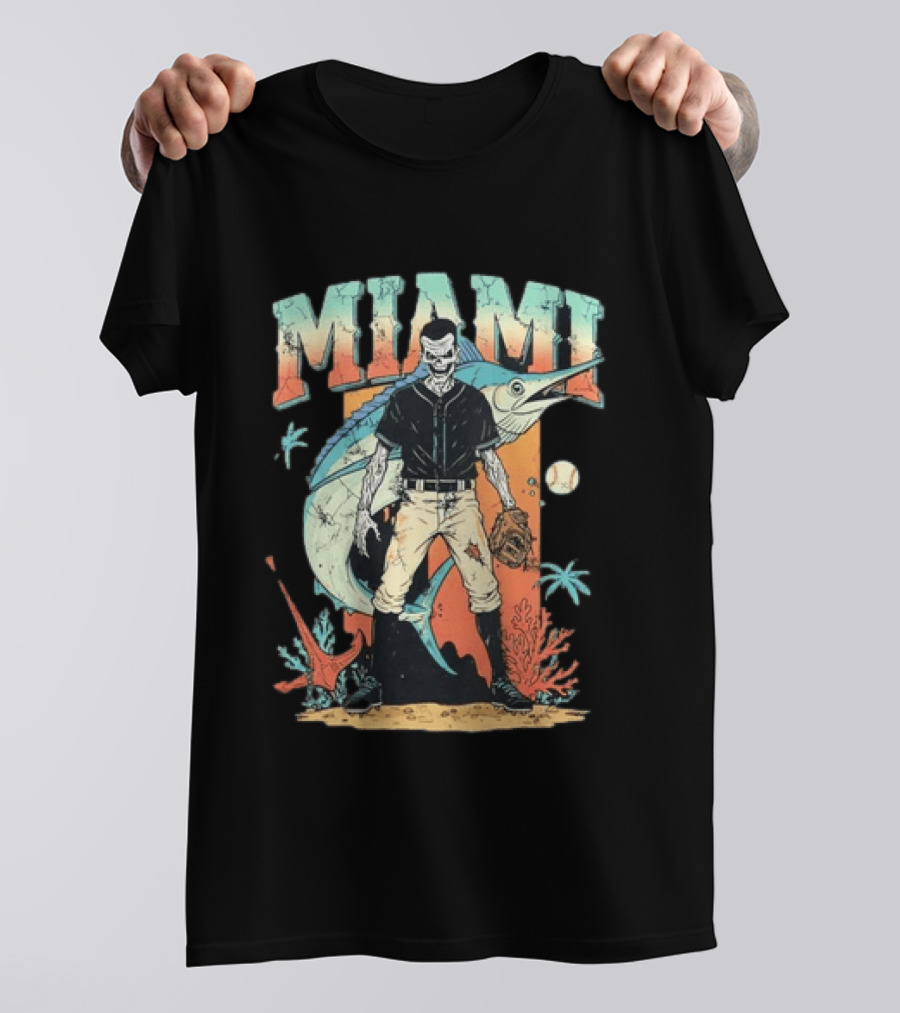 Miami Marlins Skeleton Baseball Player With Marlin And Tropical Vibes T-Shirt