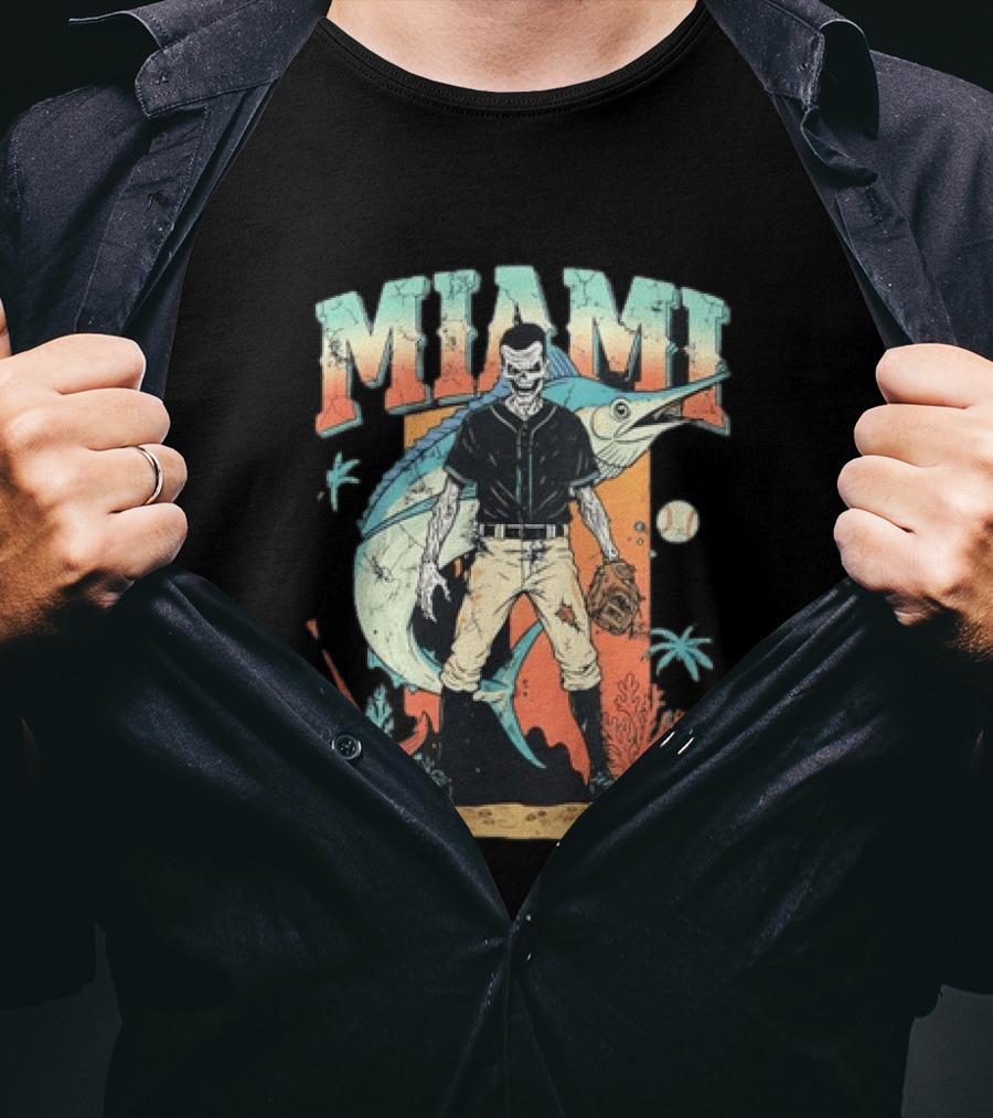 Miami Marlins Skeleton Baseball Player With Marlin And Tropical Vibes T-Shirt