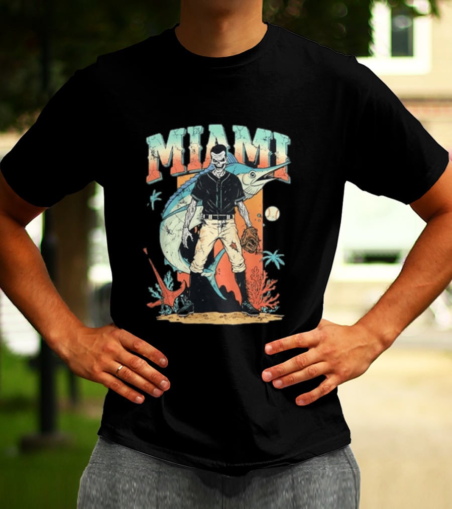 Miami Marlins Skeleton Baseball Player With Marlin And Tropical Vibes T-Shirt