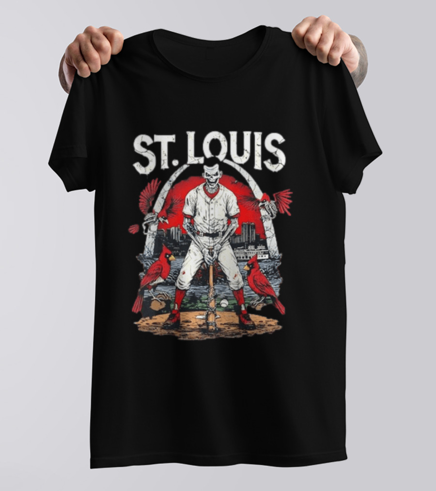 St. Louis Baseball Skeleton With Cardinals And Arch T-Shirt
